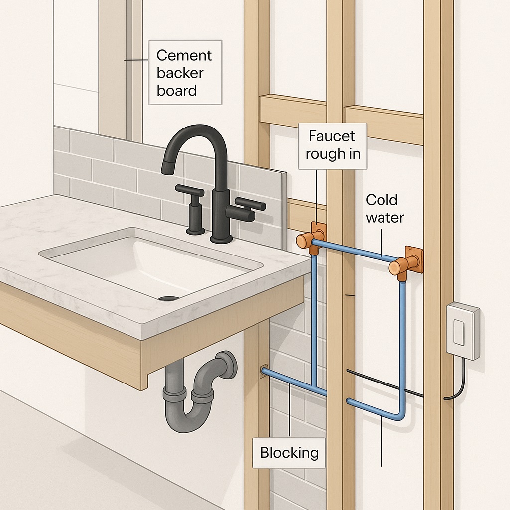 Technical wall section showing faucet rough-ins, plumbing, and electrical behind a bathroom vanity